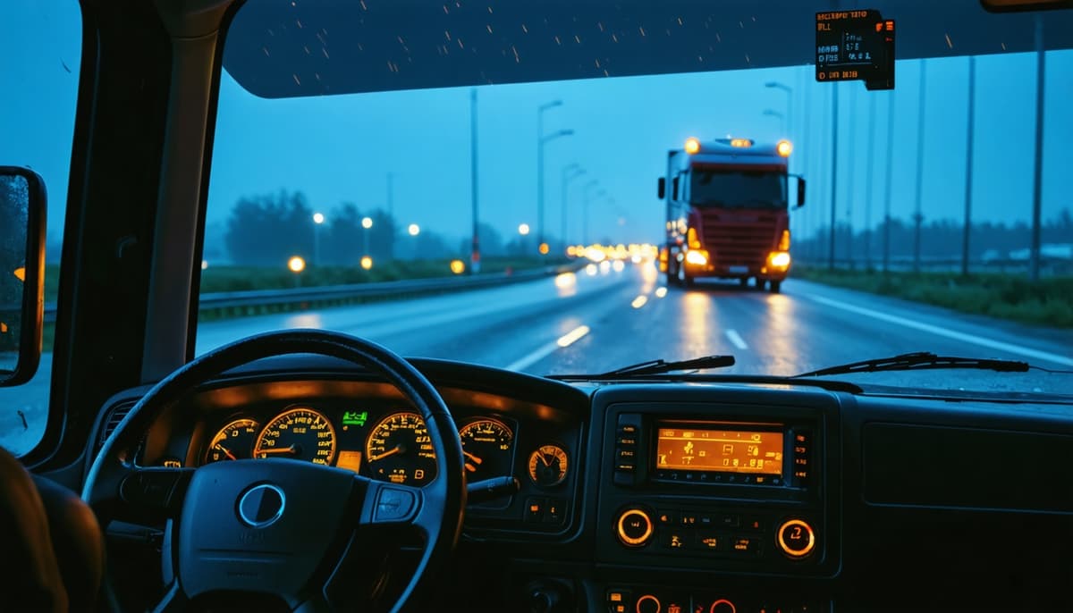 Long-haul truck cab at night — the environment in which fatigue crashes happen