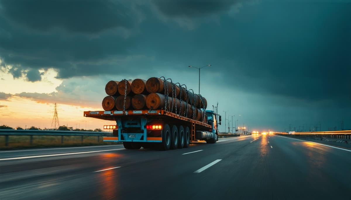 Flatbed semi-truck hauling bound industrial steel coils on a Chicago highway at dusk, chains and ratchet straps visible