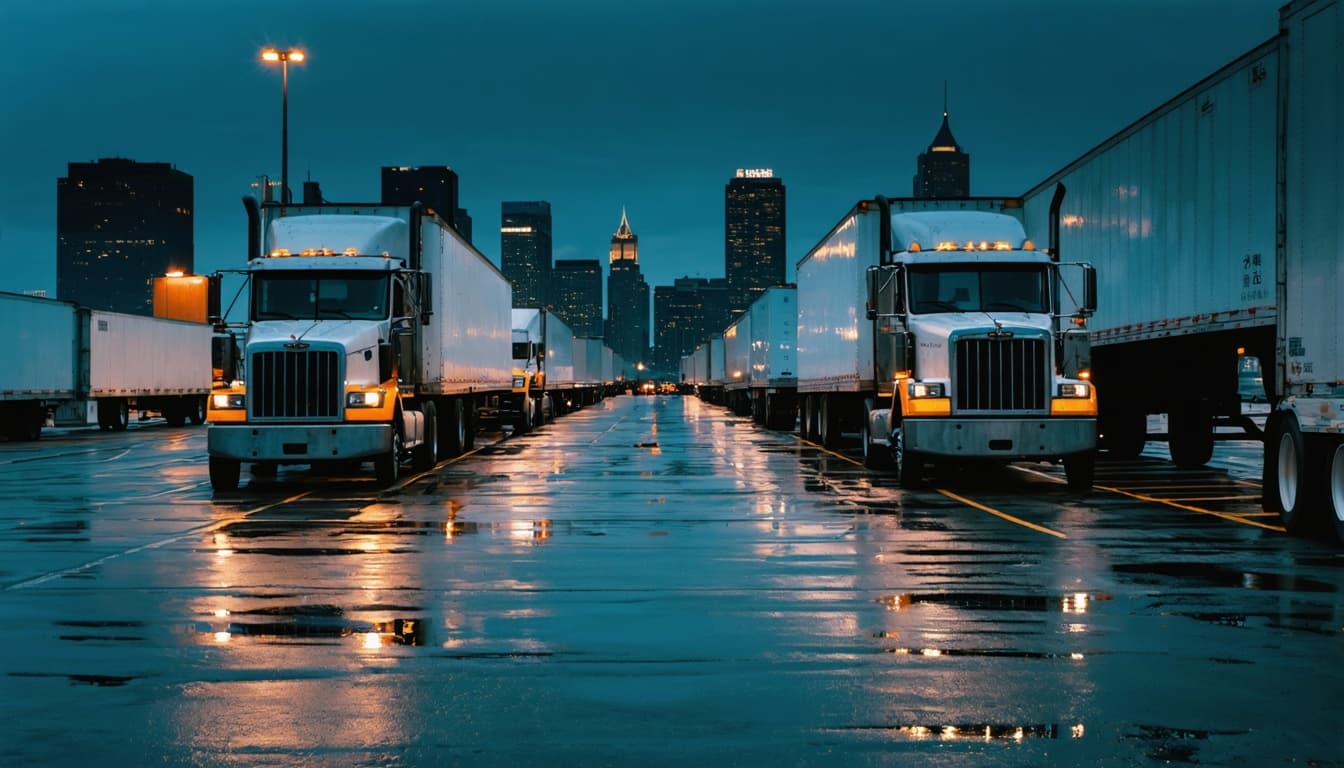 Chicago commercial logistics yard at dusk — semi-trucks parked beneath warm industrial lights with the downtown skyline visible