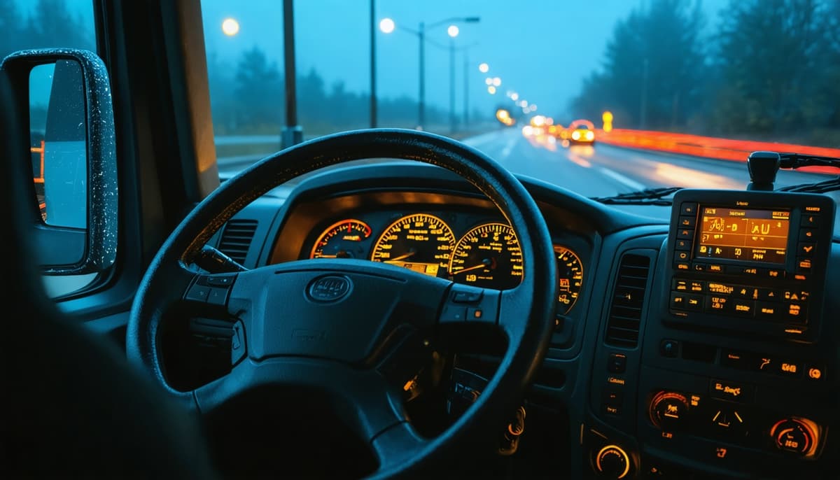 Interior of a semi-truck cab at dusk with a dashboard electronic logging device and gauges lit in warm amber