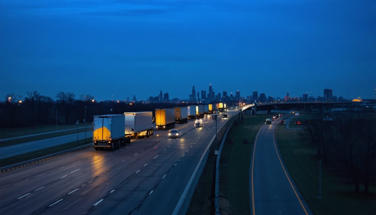 I-294 Tri-State Tollway toll plaza with commercial truck traffic at dusk
