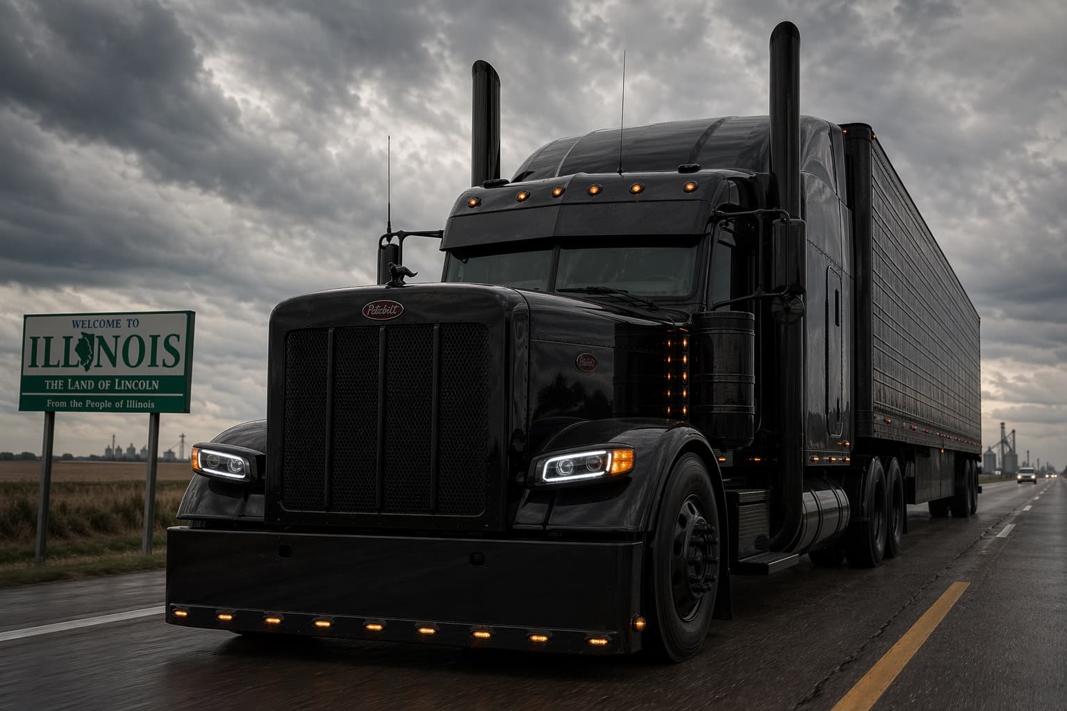 Black Peterbilt semi-truck on the highway next to a Welcome to Illinois sign