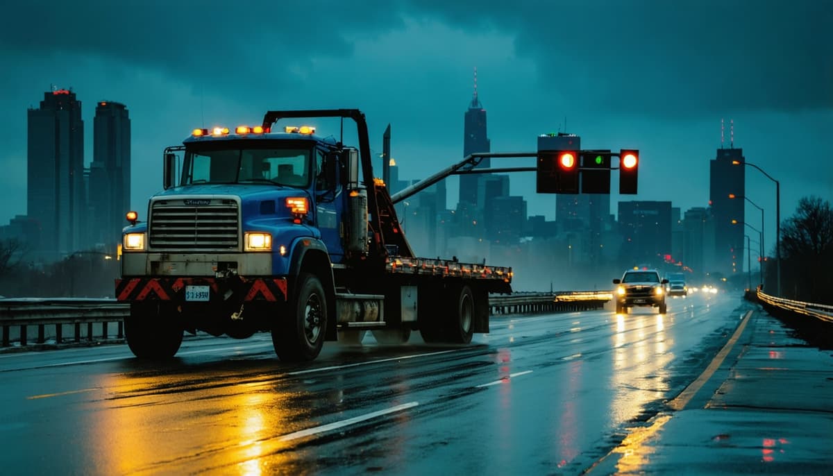 Blue heavy-duty flatbed tow truck on a Chicago expressway at twilight with amber warning strobes and a disabled vehicle on the bed